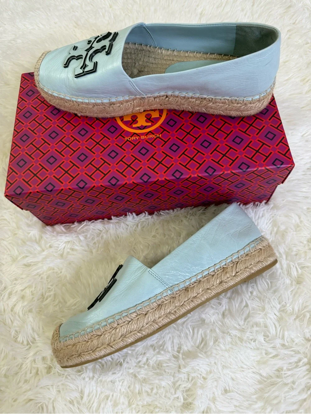 Tory Burch Pale Blue Leather Logo Espadrille Flats